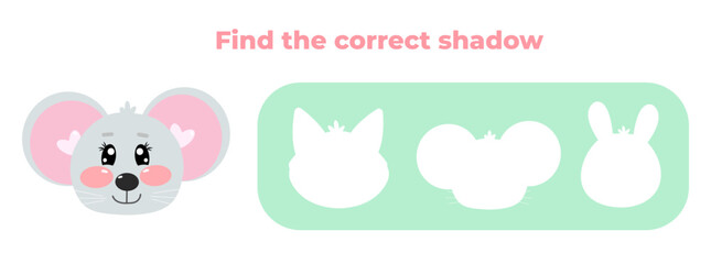 Obraz na płótnie Canvas Find the correct shadow. Matching education game for children, kids. Choose correct answer. Cute kawaii mouse face animal