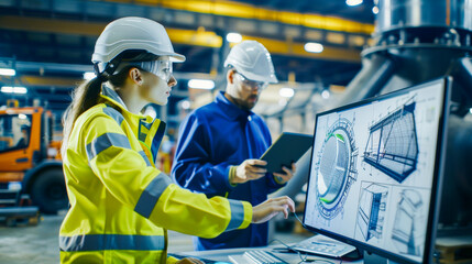 Male and female industrial workers in safety gear reviewing digital blueprint on computer screen.".Title 2: "Factory work