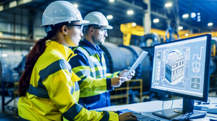 Industrial colleagues examining digital blueprint on computer monitor in factory setting.