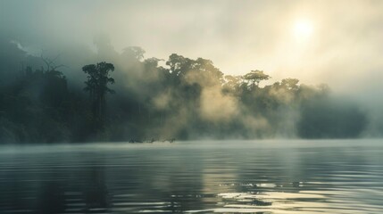 Beautiful sunrise seen from an Amazon river surrounded by forest with fog in high resolution and high quality. landscape CONCEPT - obrazy, fototapety, plakaty