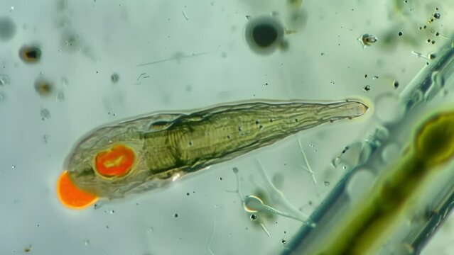 A teardropshaped euglena with a bright red eyespot at the narrow end seen in a magnified view under a microscope. . AI generation.