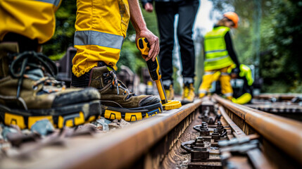 Maintenance crew in reflective clothing working on railroad tracks with train in background