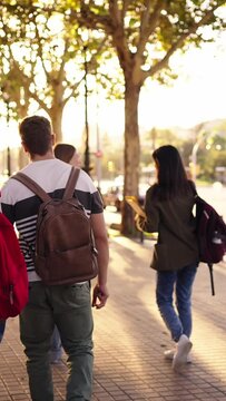 Vertical video. Rear view of multi-ethnic young friend secondary school pupils with backpacks walking to university building for lessons. Group of multiracial student outdoor on the way to high school