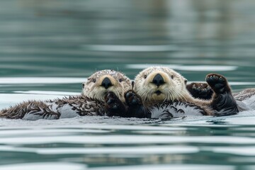Playful sea otters floating on their backs in coastal waters, Delight in the charming sight of sea otters as they lounge and float effortlessly on their backs