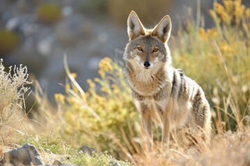 Coyotes looking at camera, fox standing deserts to forests