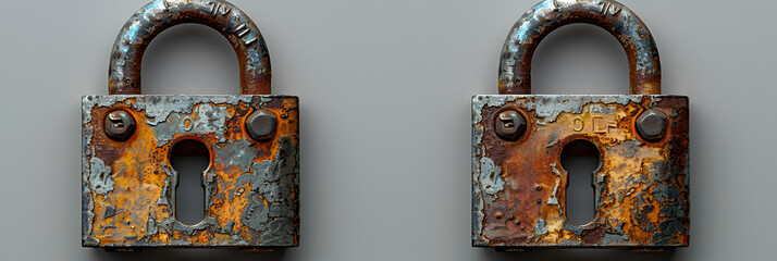 Two Padlocks in Open and Closed Positions,
Old Rusty Padlock and Key on White Background
