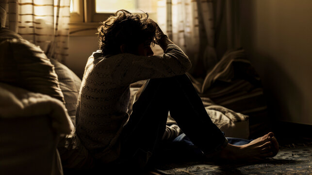 Man Battling Depression Retreats to Dimly Lit Room, Contemplating His Struggles in Silence