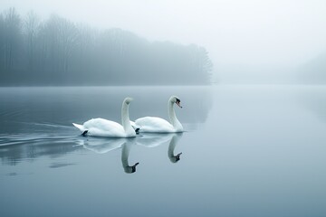 Serene swans gracefully glide across a tranquil lake, their graceful movements and reflection on the still water creating a scene of serene beauty.