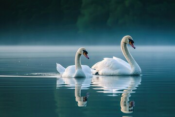 Serene swans gracefully glide across a tranquil lake, their graceful movements and reflection on the still water creating a scene of serene beauty.