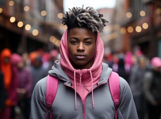 Serious young man with backpack in urban setting