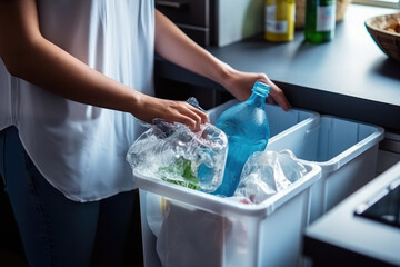 Recycling at home, sustainable lifestyle. Woman hands throws plastic trash to container for sorting garbage