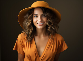 Stylish woman in orange dress and matching hat on dark background