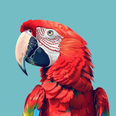 Digital illustration of a red macaw parrot with a detailed and vibrant plumage against a teal background.
