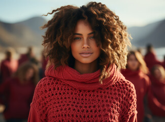 Confident woman in red sweater with group