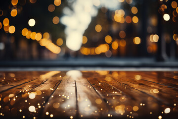 Golden bokeh lights on a wooden surface at twilight