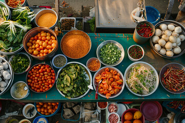 Colorful Spice Market with Fresh Fruits and Vegetables