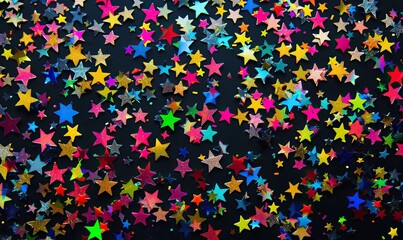Gold or colorful stars confetti texture overlay isolated on black background for festive event decoration. Colorful confetti celebration. High quality AI generated image