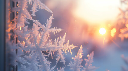 Frost patterns on a window during a subzero morning, macro photography with a ring light to...