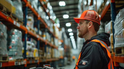 Focused warehouse employee in high-visibility clothing scanning items.
