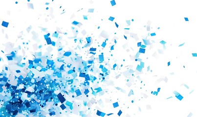 Fototapeta premium Blue confetti elements on a white background. Shot of confetti at a party. Festive mood. Blue confetti decoration and celebration. High quality AI generated image
