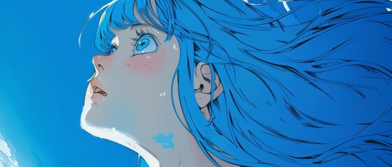 Girl light blue hair Japanese wind sunshine cloud heaven smile vital poster design wallpaper anime shojo bishoujo genki energetic vibrant cheerful kawaii dreamy ethereal adorable joyful lively