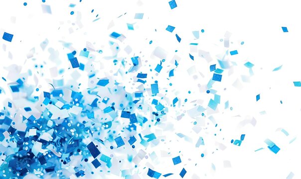 Blue confetti elements on a white background. Shot of confetti at a party. Festive mood. Blue confetti decoration and celebration. High quality AI generated image