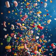 Obraz na płótnie Canvas Bunch of colorful sweets and confetti in the air. Dark blue background. Celebration Decoration. High quality AI generated image