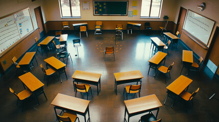 An overhead shot of an empty classroom with desks organized in a circular formation around a central whiteboard.