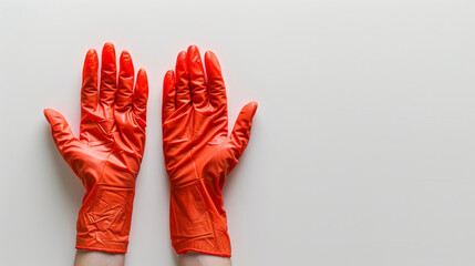 A pair of bright red rubber gloves for cleaning or protection, lying flat on a white surface.