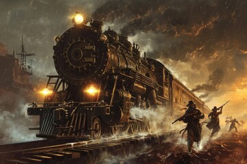 Amidst billowing steam, bandits orchestrate a daring heist, attempting to commandeer a majestic steam-powered locomotive, evoking the essence of a thrilling steampunk train robbery.