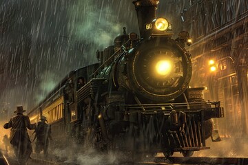 Amidst billowing steam, bandits orchestrate a daring heist, attempting to commandeer a majestic steam-powered locomotive, evoking the essence of a thrilling steampunk train robbery.