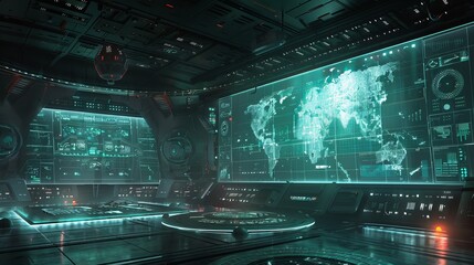Obraz premium Futuristic spacecraft control room with holograms