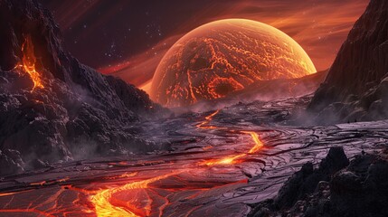 Lava rivers on an alien planet landscape