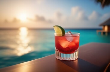 A red cocktail with a slice of lime and ice stands on a bar counter on the beach. Sunset after a hot day. Against the background of the sea and sky