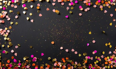 Gold or colorful confetti texture overlay isolated on black background for festive event decoration. Colorful confetti celebration. High quality AI generated image