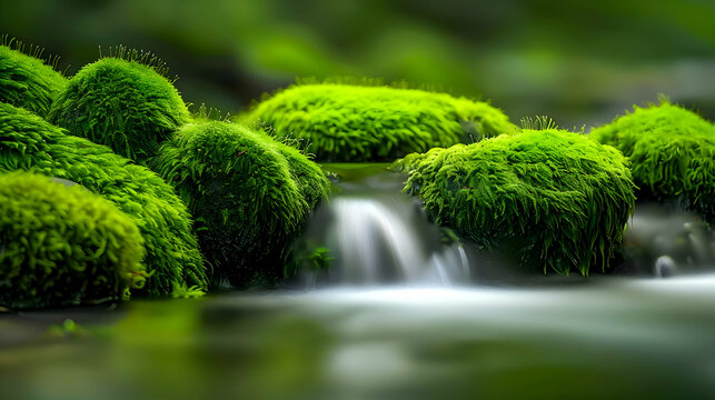 Moss-covered rocks in a mountain stream, focus stacking to ensure all elements from foreground to background are in sharp focus
