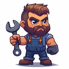 Naklejka premium Big muscular workshop worker holding a wrench on a solid white background character vector illustration