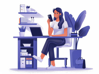 Illustration of a woman at a modern workspace, using a smartphone and sitting at her desk with a laptop, plant, and office supplies.