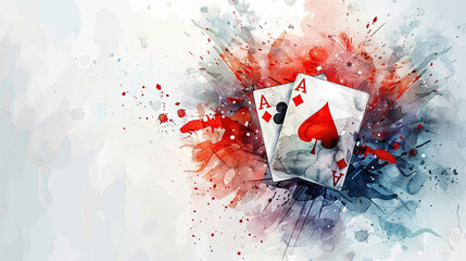 game cards uno, poker card watercolor rough textured art isolated on white background, Spades Hearts Diamonds and Clubs 