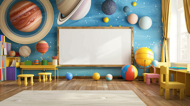A classroom with a miniature model of the solar system, an empty whiteboard, and space-themed decorations.