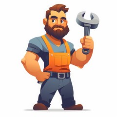 Big muscular workshop worker holding a wrench on a solid white background character vector illustration