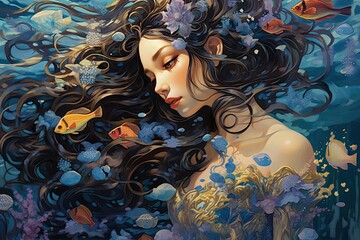 Painting featuring a woman with long hair adorned with fishes, under water scene. Generative AI
