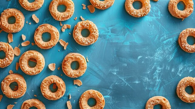 Ring shaped Cracknels with Blue Background and Mini Bagels