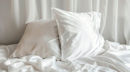 Fototapeta na wymiar Two white pillows encased in satin, silk, or lyocell pillowcases on a white sheet, showcasing bedding and accessories