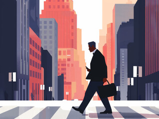 A stylized illustration of a businessman walking in a cityscape with high-rise buildings.