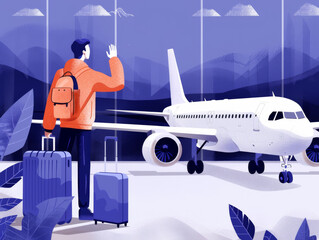 Illustration of a person at an airport waving goodbye with luggage and an airplane in the background.