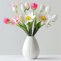 A vibrant collection of spring flowers, including tulips and daffodils, arranged in a sleek white vase.