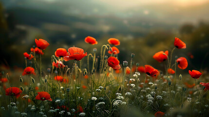 a real photo summer meadow with red poppies
