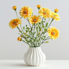 Bright yellow daisy flowers with buds in a white pleated vase on a light background.
