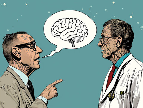 Un patient parle de sa sant&eacute; mentale ou cognitive &agrave; son m&eacute;decin g&eacute;n&eacute;raliste, probl&egrave;me de m&eacute;moire, neurologie, dessin au trait en couleur